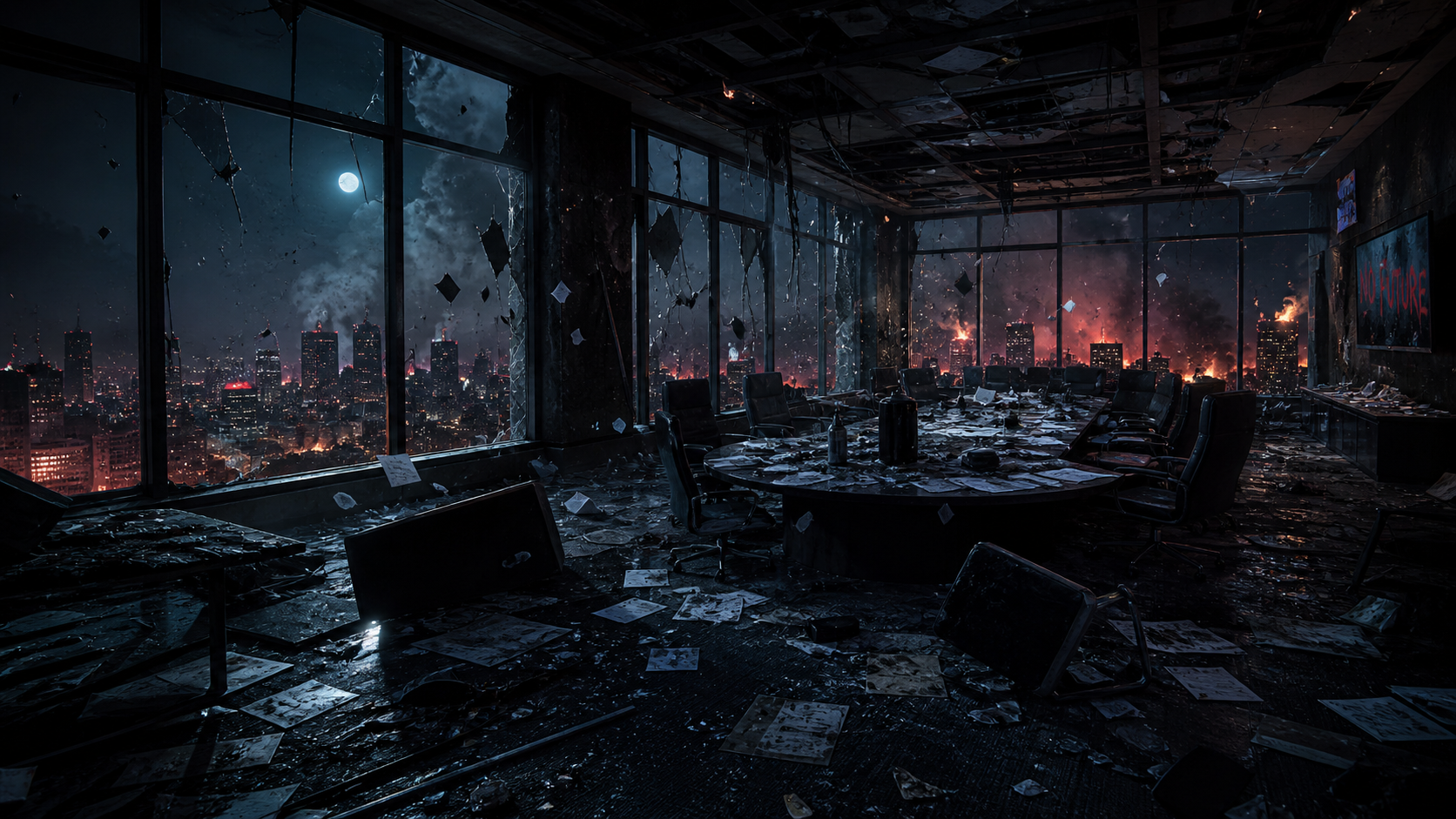 Destroyed high-rise conference room overlooking a burning futuristic city
