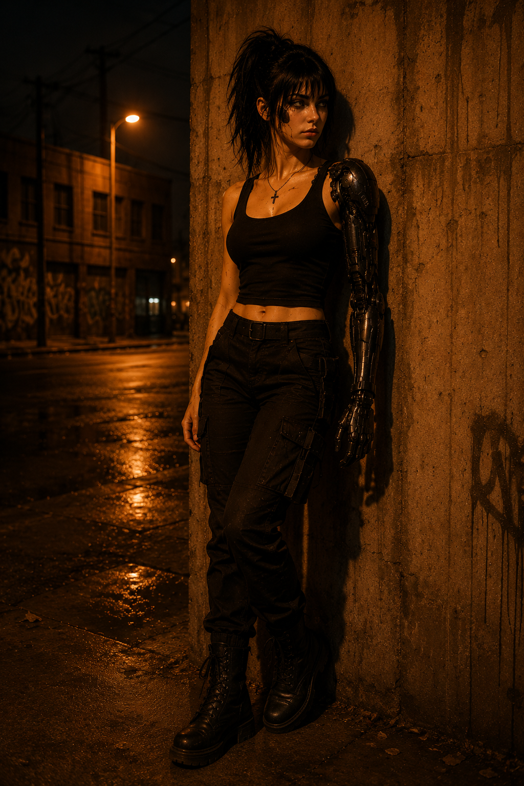 V0idAngel standing in a rain-dark industrial street with a black cybernetic arm