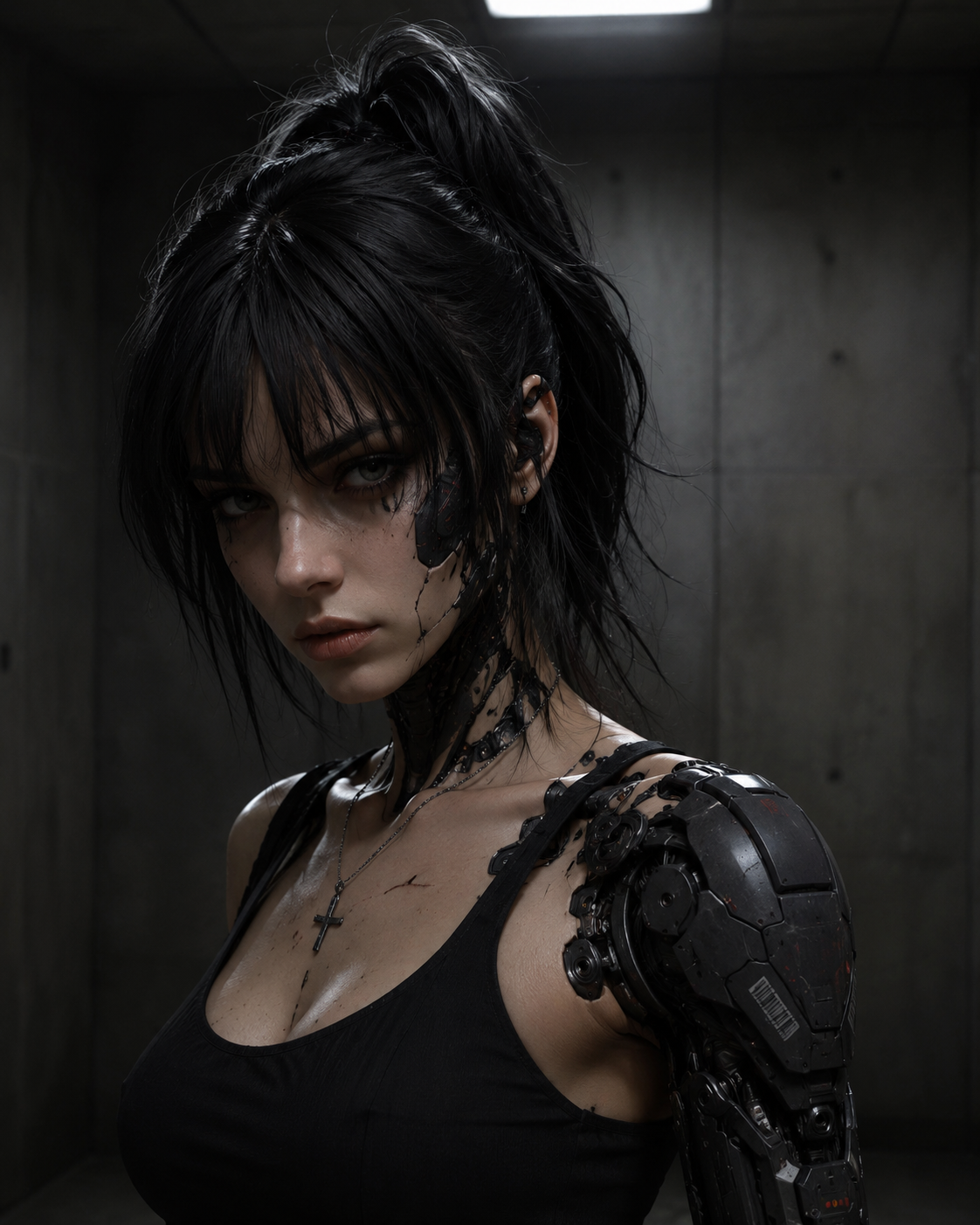 V0idAngel portrait with cybernetic details and a black mechanical arm